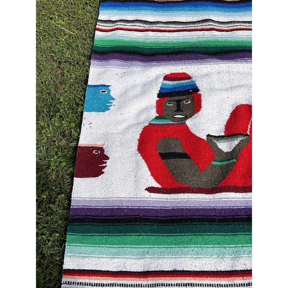 Vintage Wool Multicolor‎ Aztec Striped Throw Blanket 77